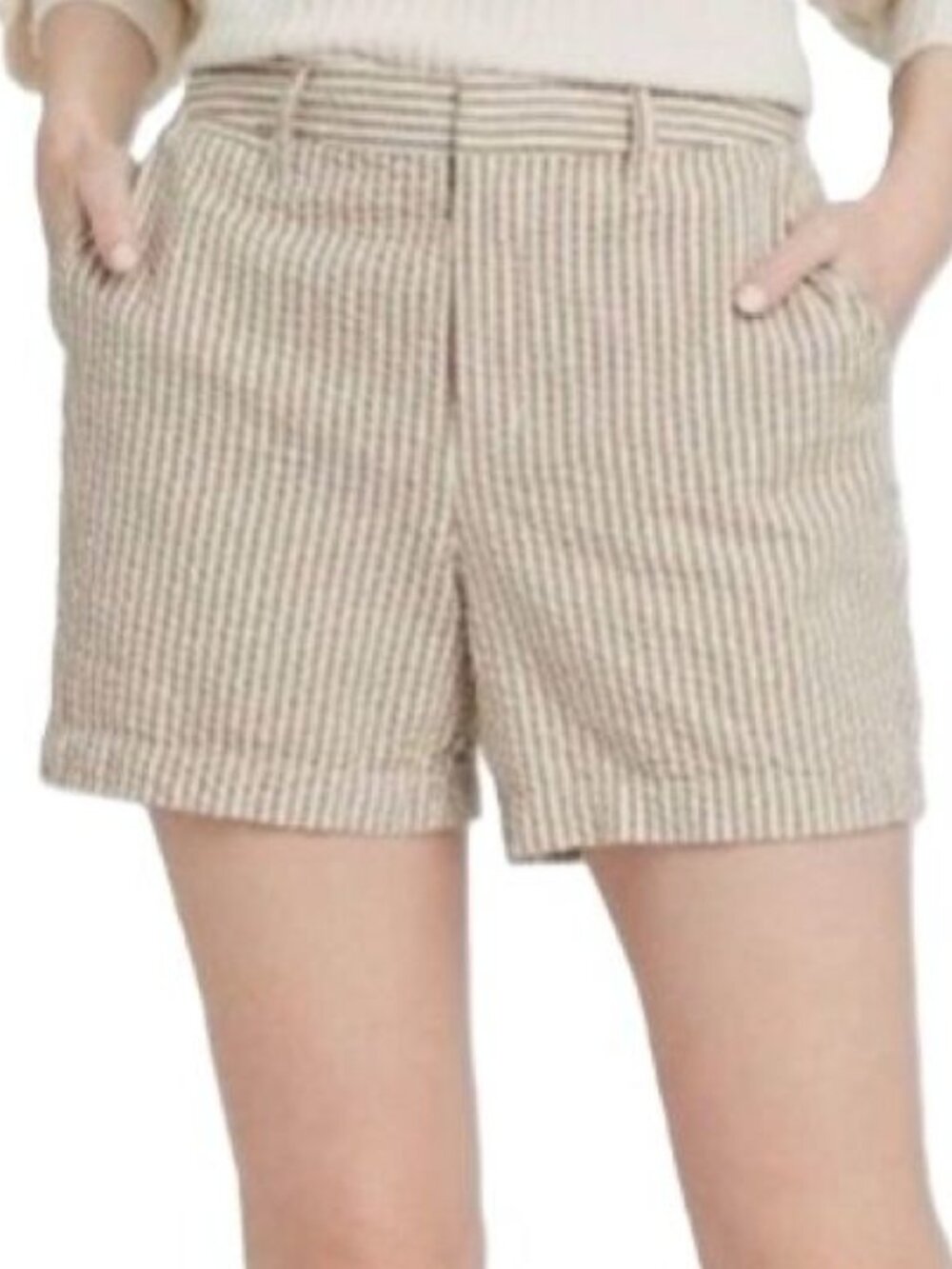 Sandro Seersucker Shorts Size 14 Tan White Stripe Flat Front Chino 36x5 Cotton
